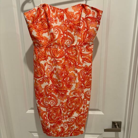 JCrew Collection Orange Paisley Silk and Linen Size 12 Strapless Dress EUC - Picture 3 of 7